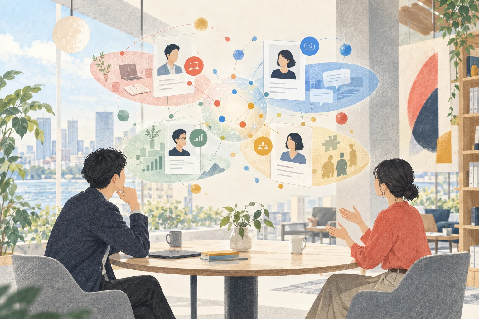 二人の対話からチームメンバーのプロフィールと相関図が広がる様子を描いた編集イラスト