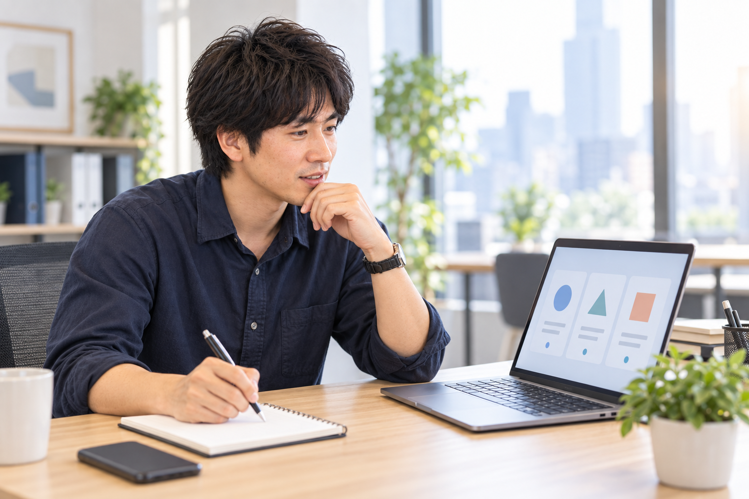 Jマッチエンジンの営業担当がAIの提案候補を見ながら商談準備をする生成イメージ