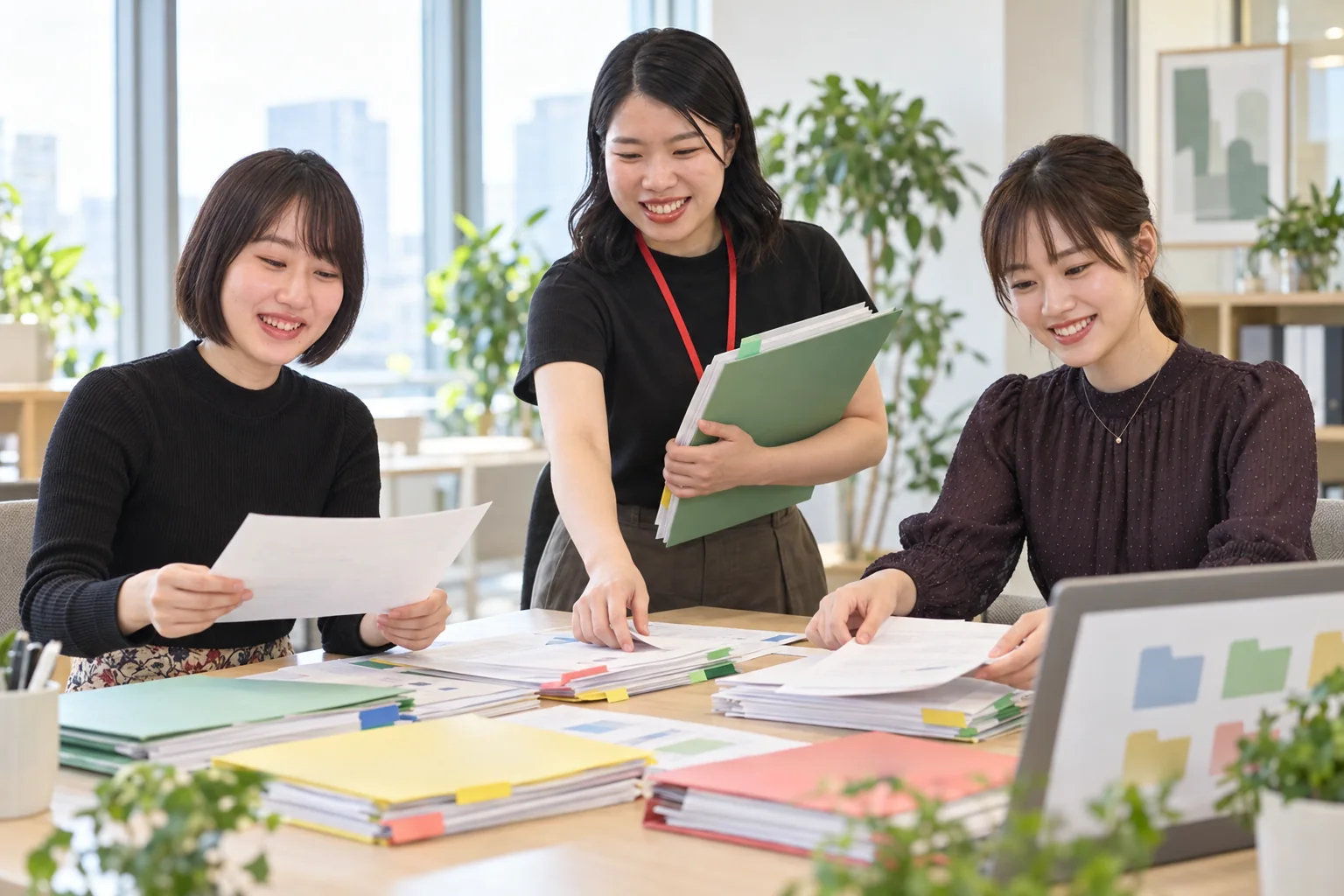 資料を四半期ごとに整理する西村・木場・小松の生成ビジュアル