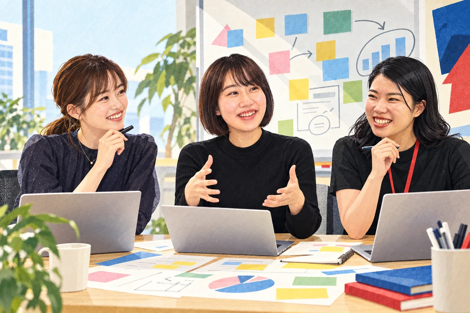 SaaSの企画会議を行う西村果林さん、木場瑛穂さん、小松咲さんを描いた編集イラスト
