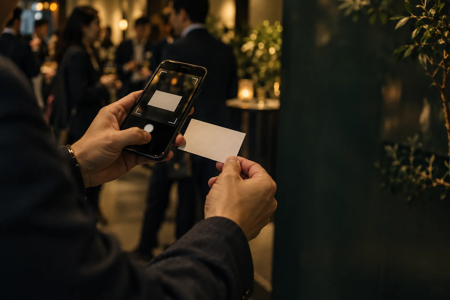 交流会でもらった名刺をスマートフォンで撮影する様子