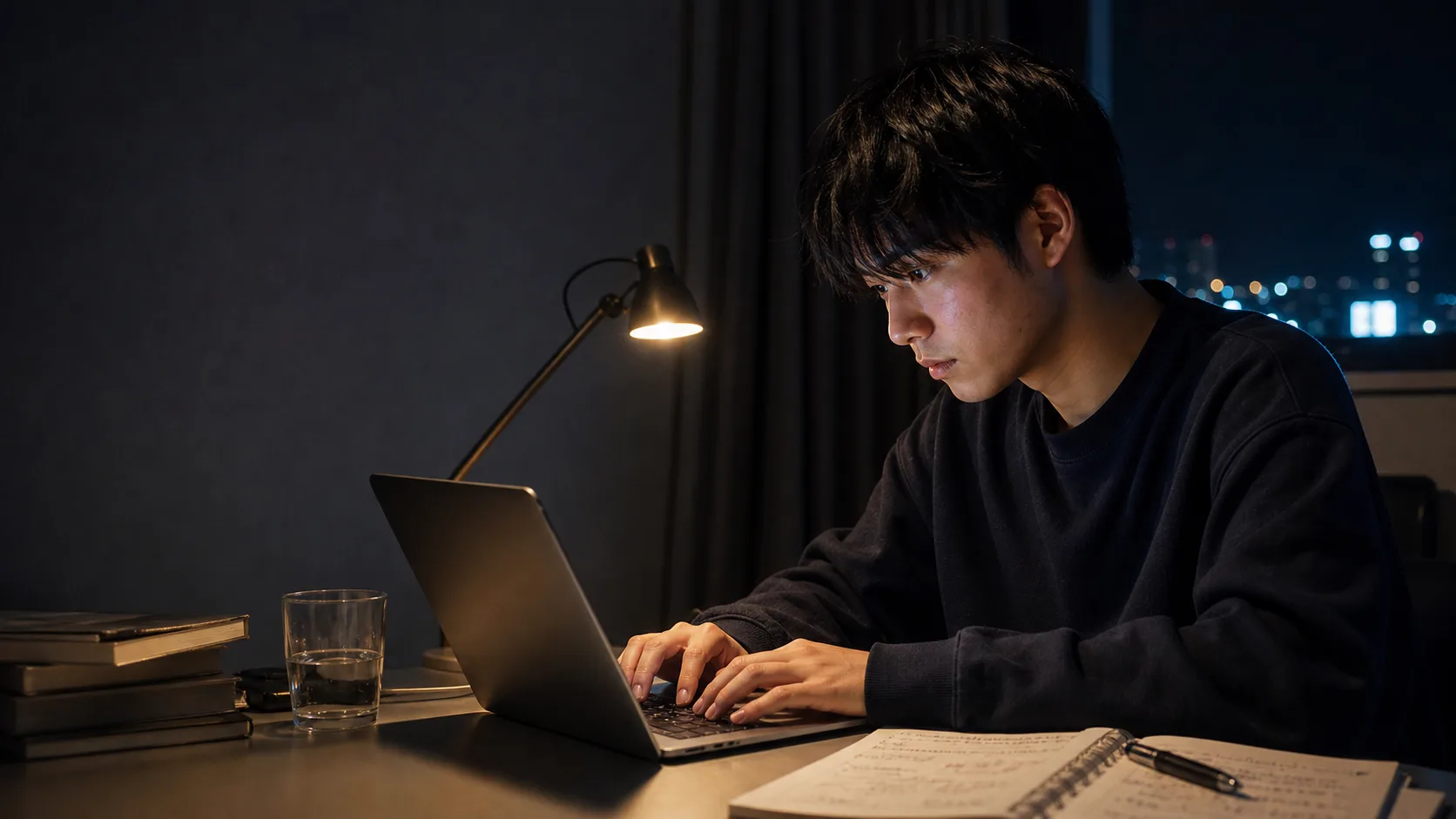夜、自宅でパソコンに向かう若者