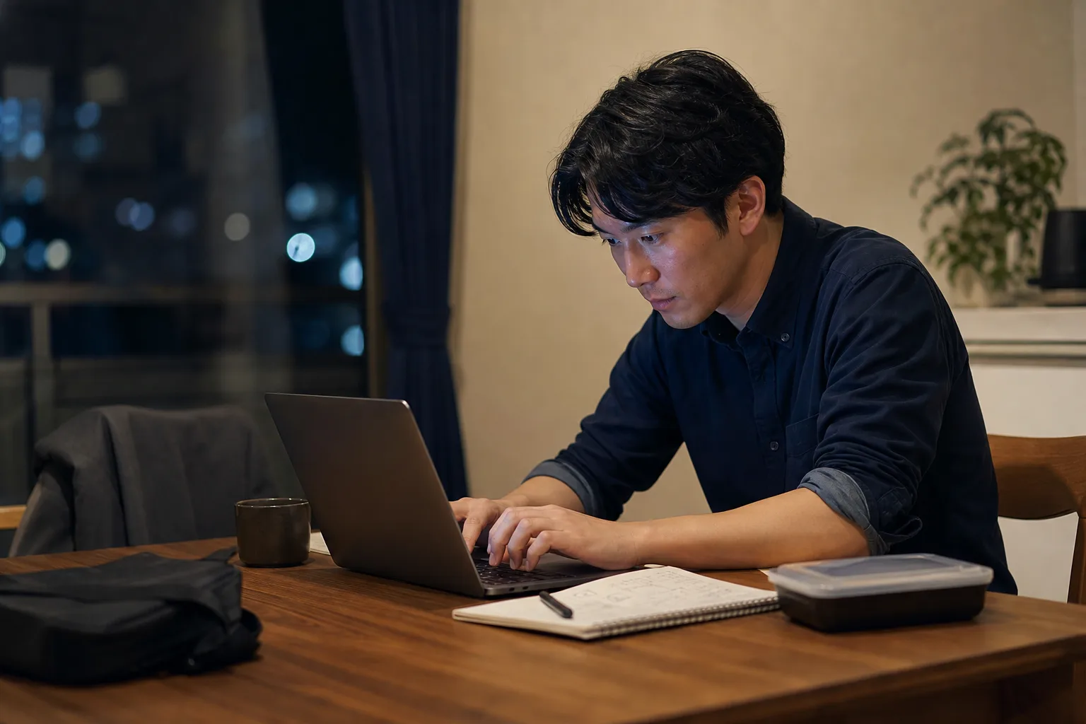 仕事の後にパソコンでAIを学ぶ若者