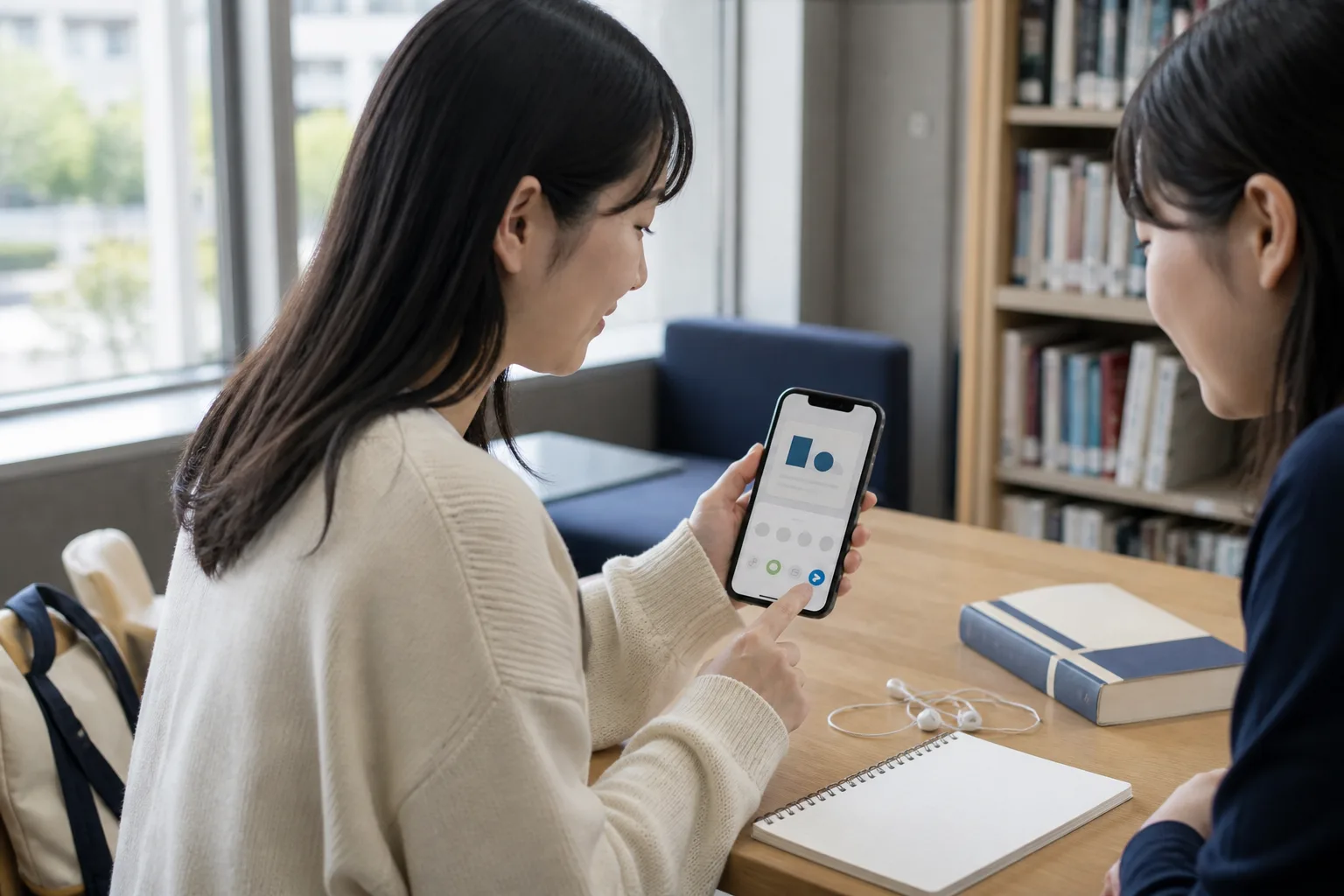 スマートフォンで友人へ情報を共有する若者